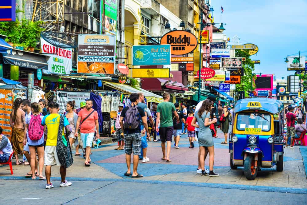 A daytime view of Khaosan Road in Bangkok. Usually a market by day and a wild party street by night. © Shutterstock